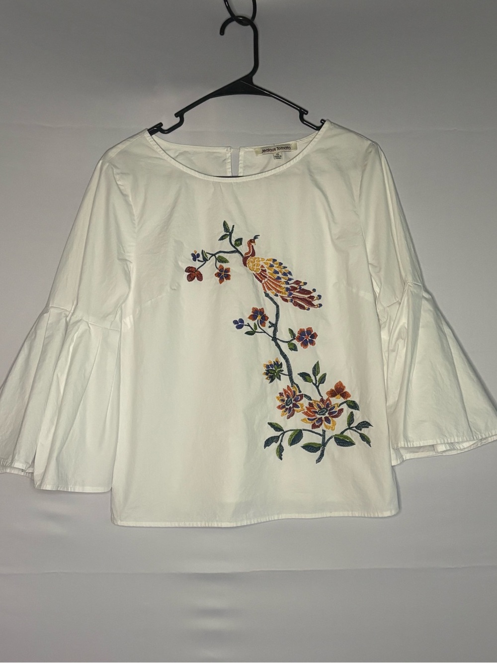 Embroidered Peacock Bell Sleeve Boutique Blouse